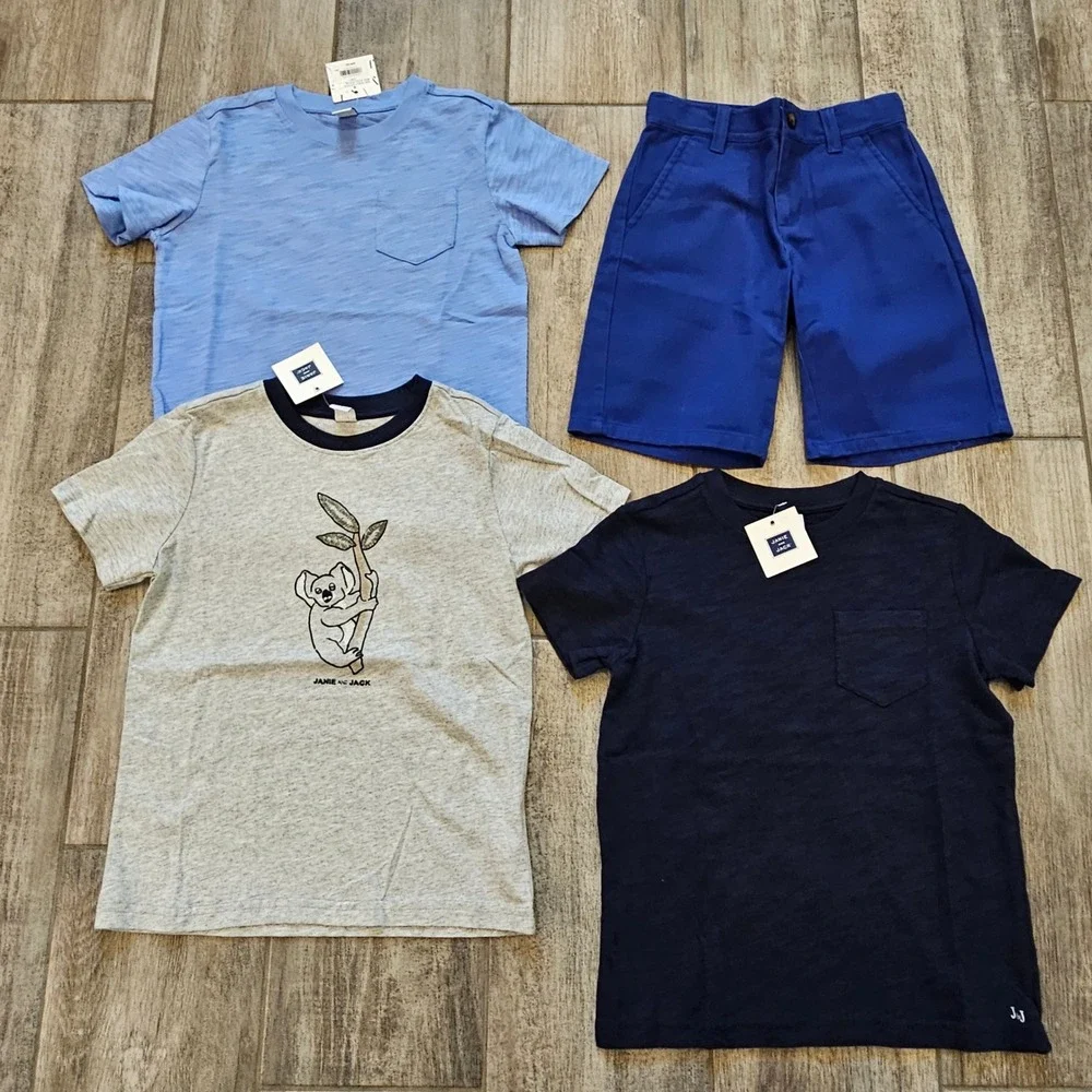 Janie and Jack Lot of 4 Boys Size 6 Blue Grey NEW Koala Graphic Tee Chino Shorts